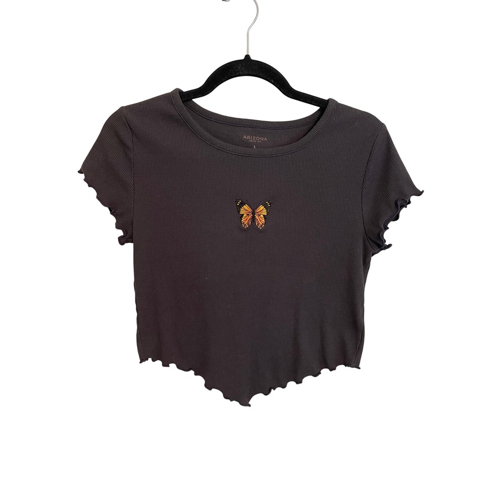 Y2K Vintage Arizona Jean Co Butterfly Ribbed Handkerchief Hem‎ Crop Top Large